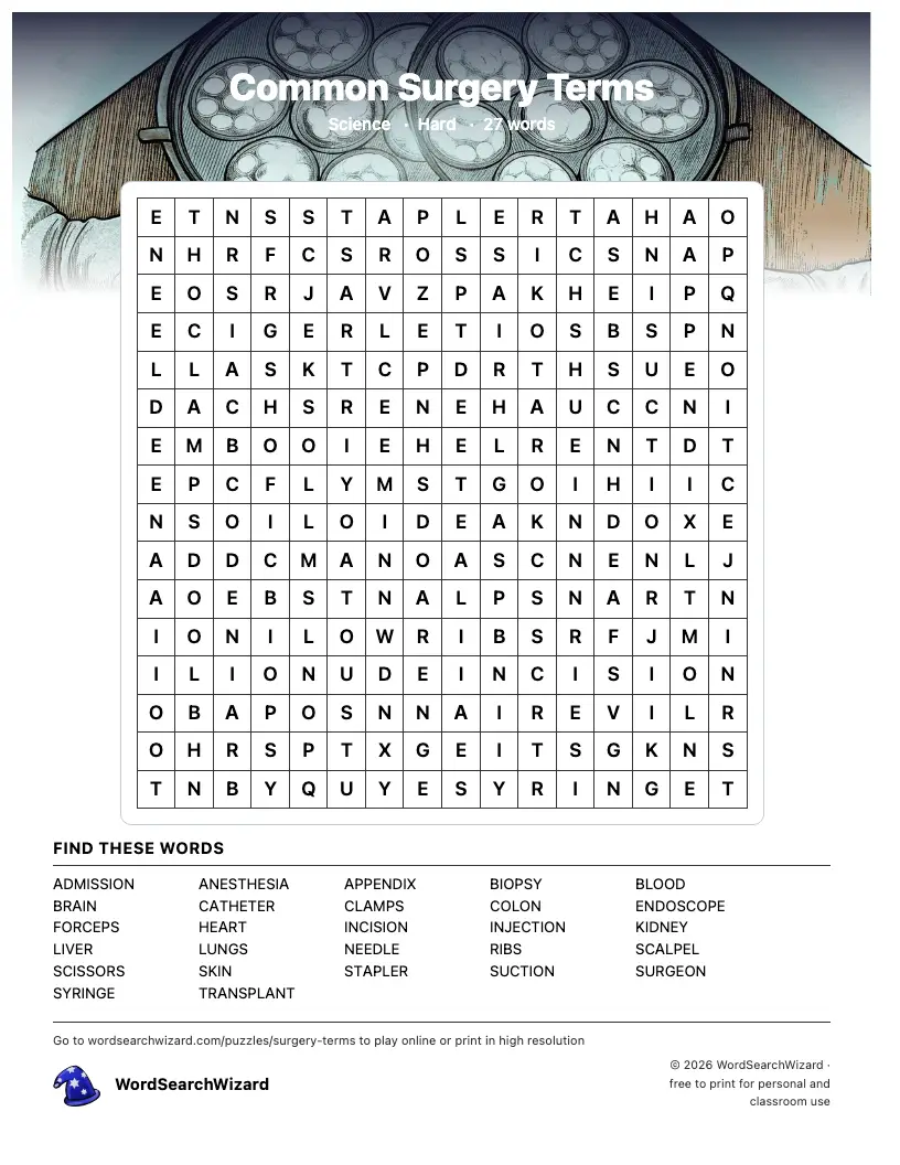 Common Surgery Terms word search printable sheet, 27 words to find