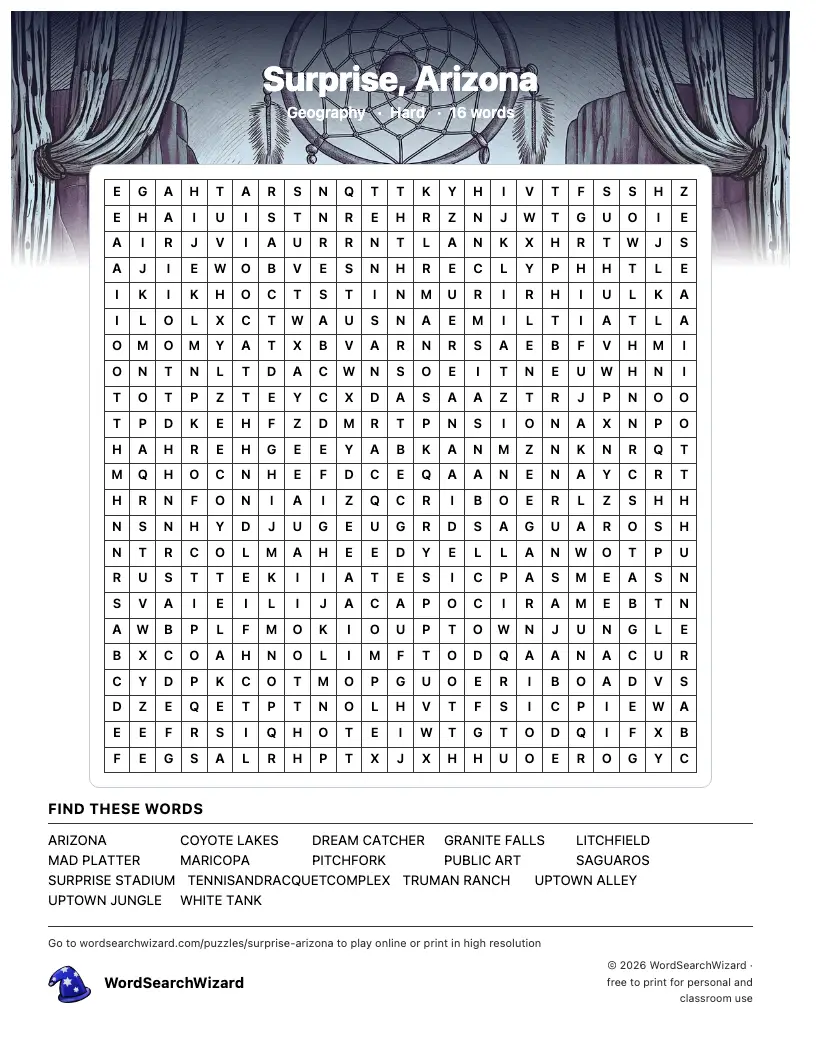 Surprise, Arizona word search printable sheet, 16 words to find