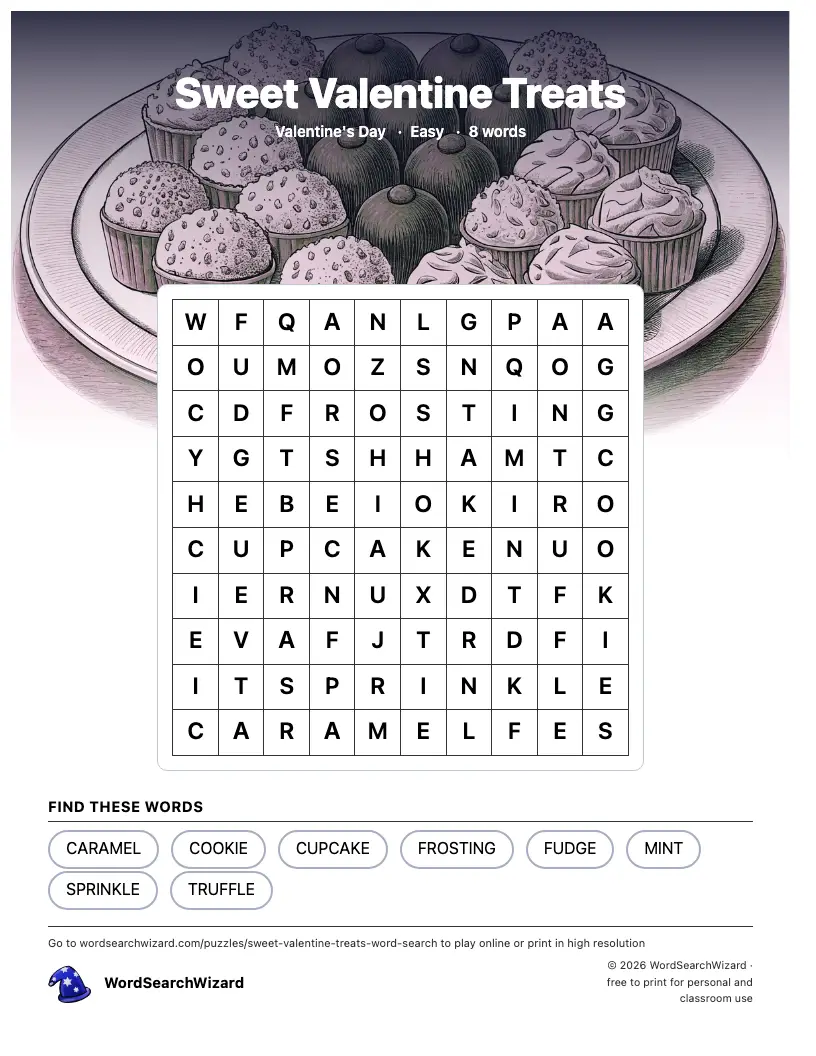 Sweet Valentine Treats word search printable sheet, 8 words to find