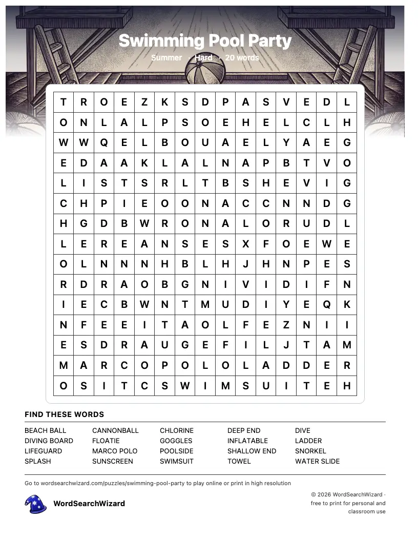Swimming Pool Party word search printable sheet, 20 words to find