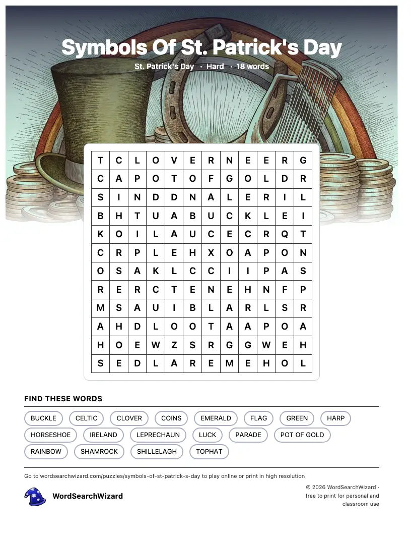Symbols Of St. Patrick's Day word search printable sheet, 18 words to find