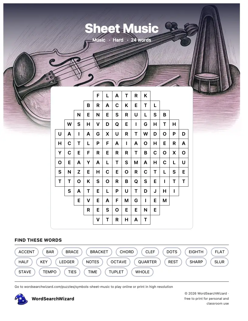 Sheet Music word search printable sheet, 24 words to find