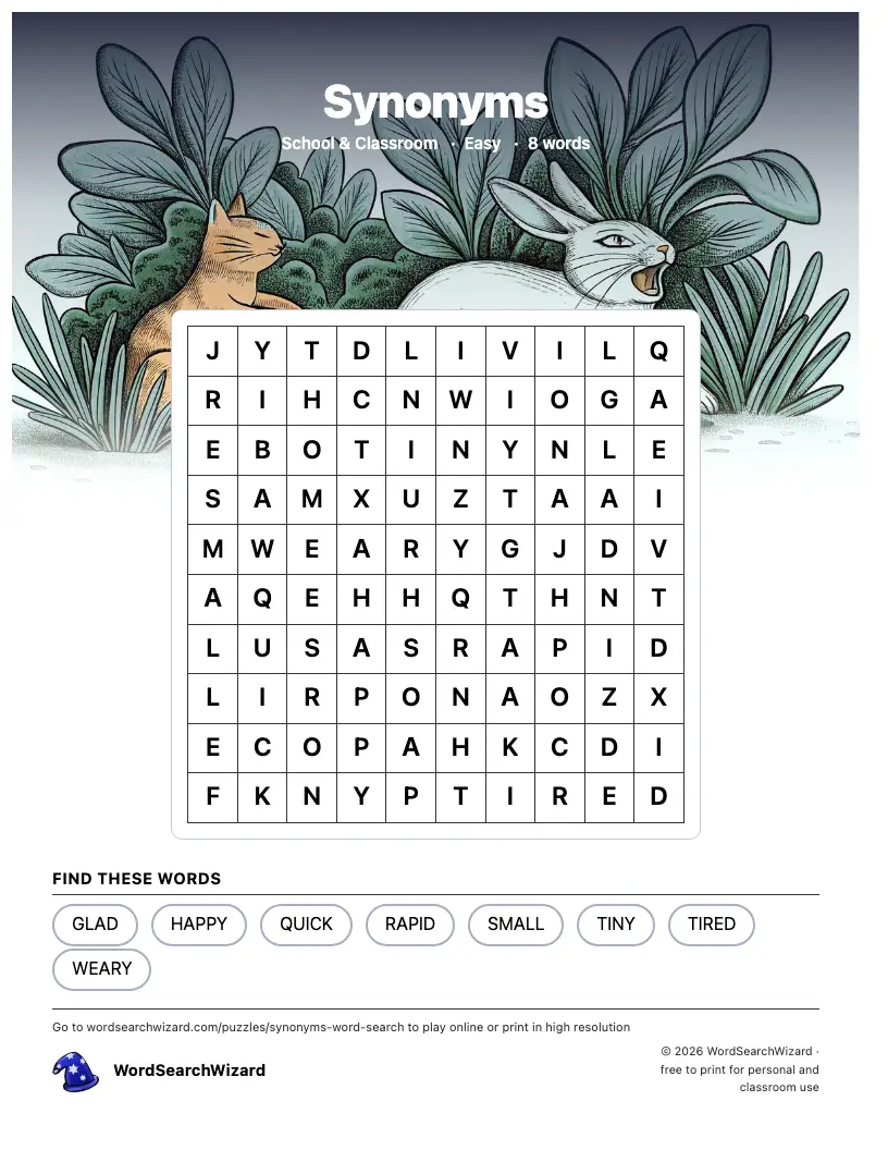 Synonyms word search printable sheet, 8 words to find