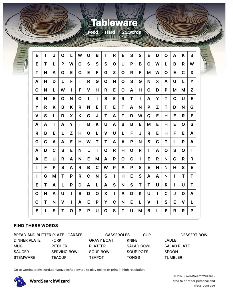 Tableware word search printable sheet, 25 words to find
