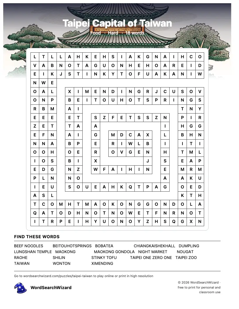 Taipei Capital of Taiwan word search printable sheet, 18 words to find