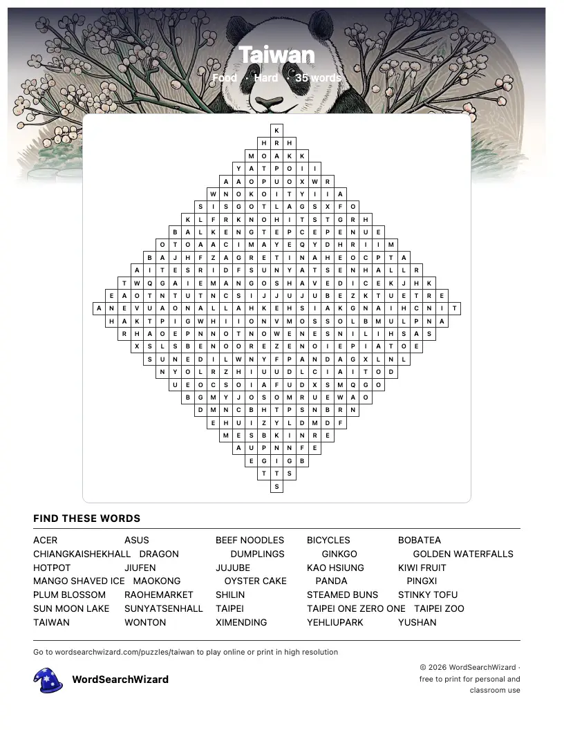 Taiwan word search printable sheet, 35 words to find