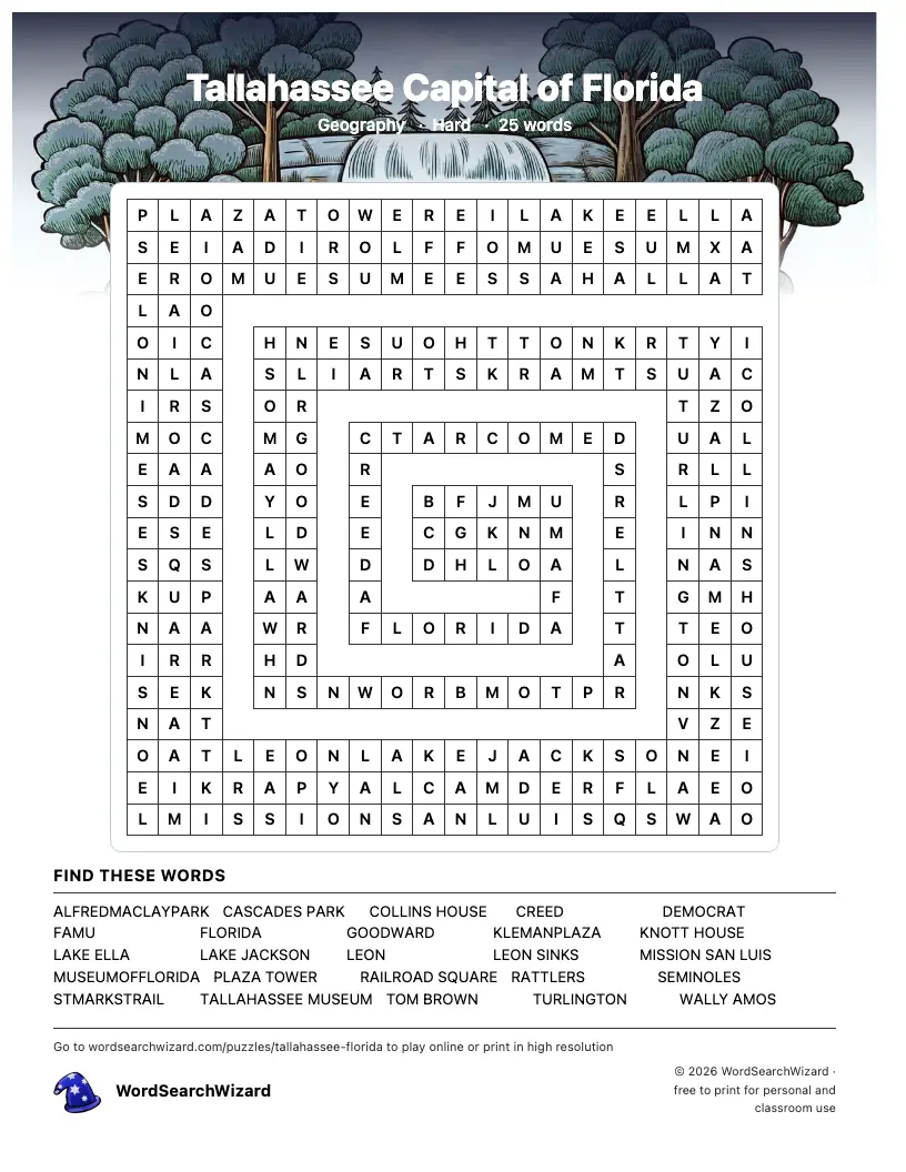 Tallahassee Capital of Florida word search printable sheet, 25 words to find