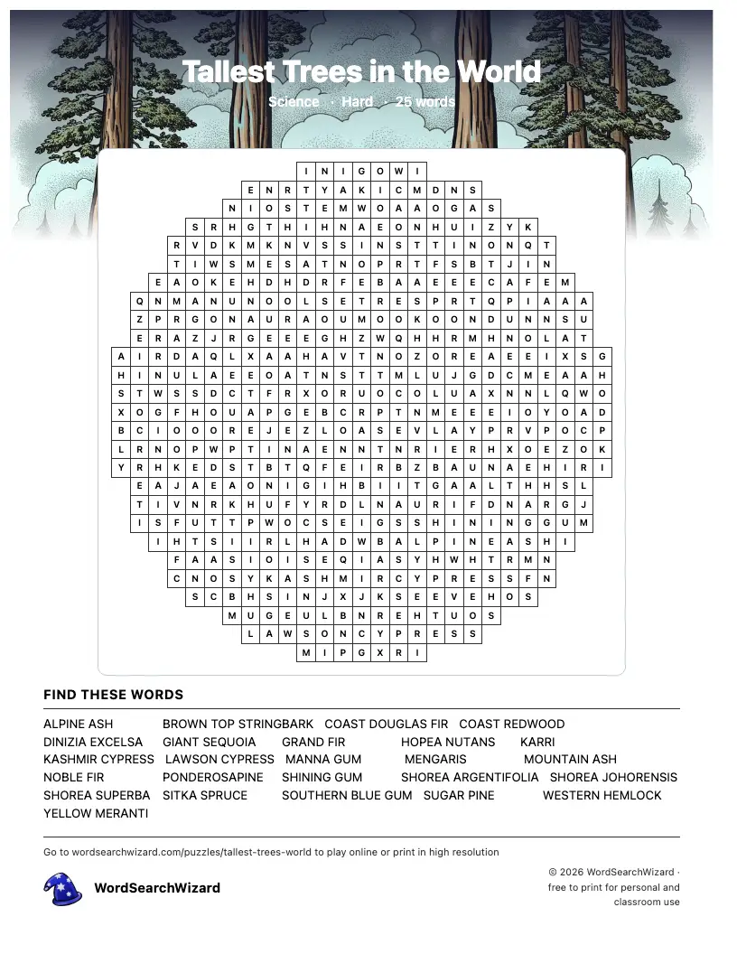 Tallest Trees in the World word search printable sheet, 25 words to find