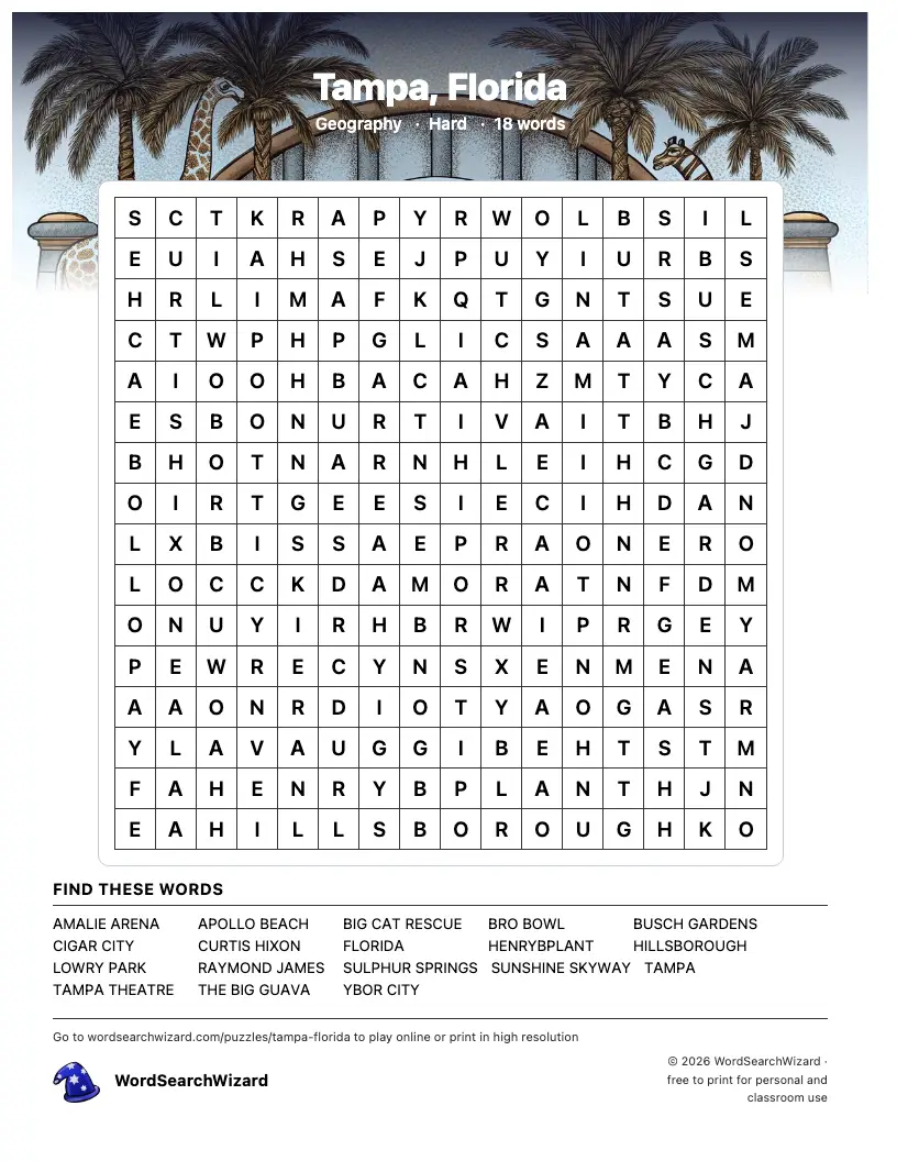 Tampa, Florida word search printable sheet, 18 words to find