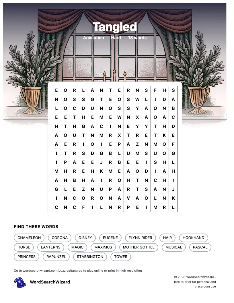 Tangled word search printable sheet, 18 words to find