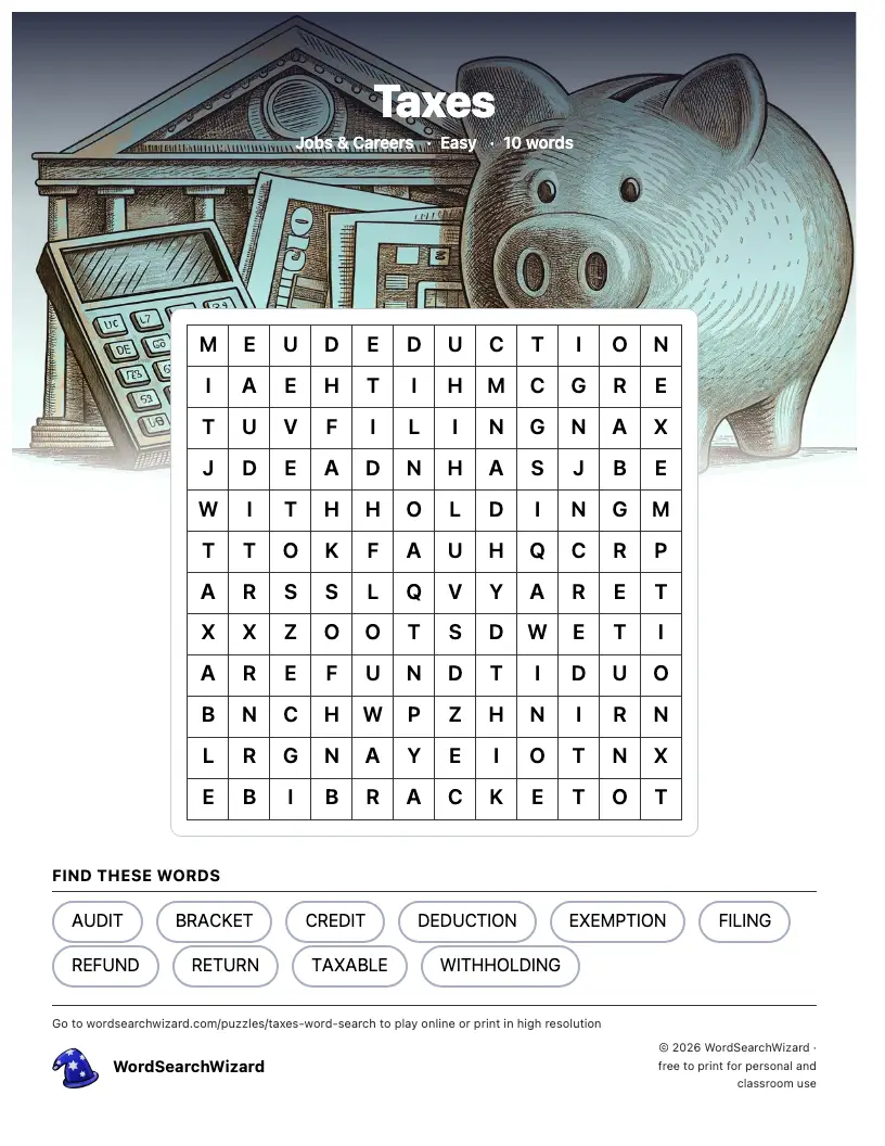Taxes word search printable sheet, 10 words to find
