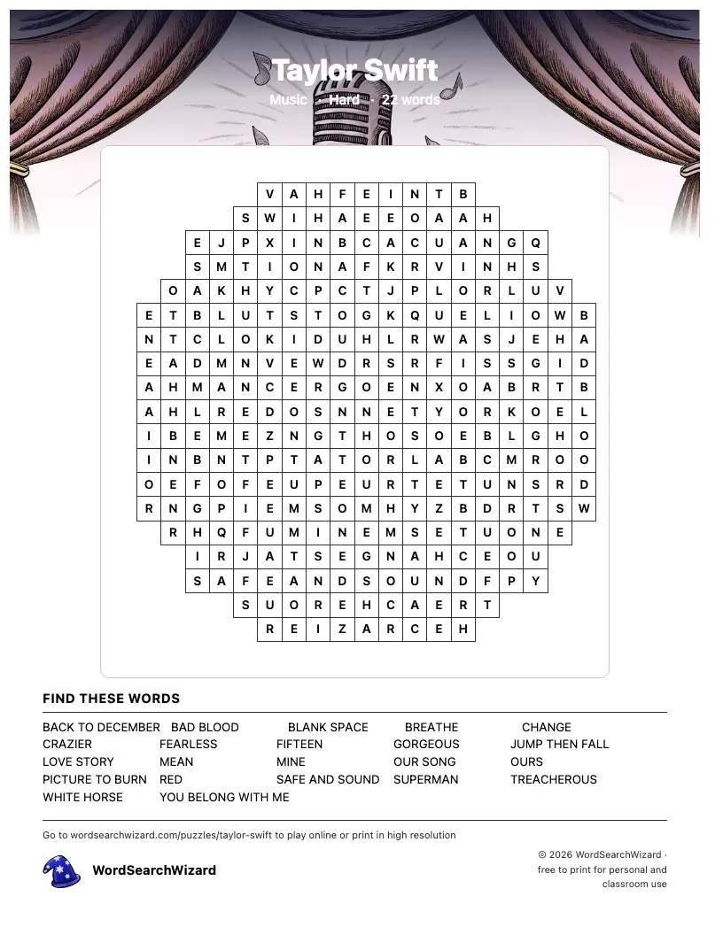 Taylor Swift word search printable sheet, 22 words to find