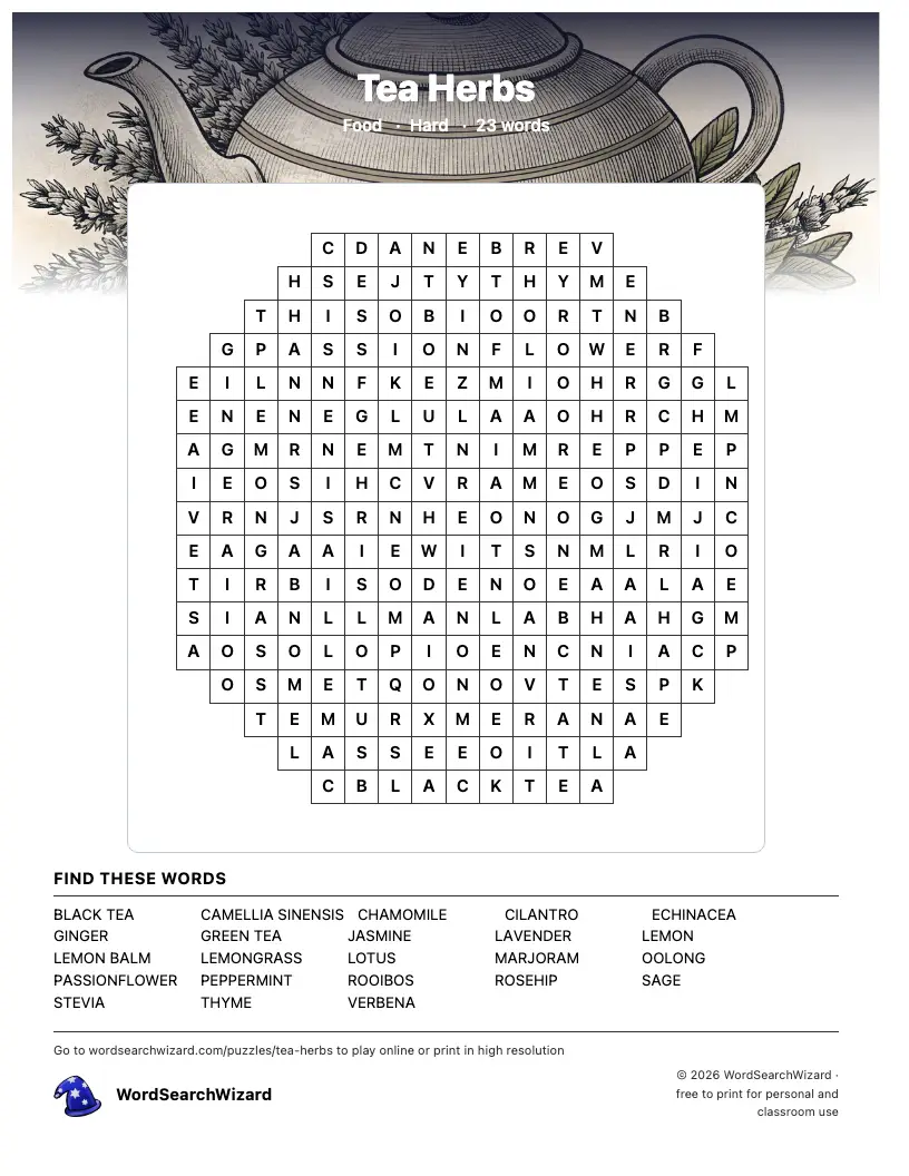 Tea Herbs word search printable sheet, 23 words to find