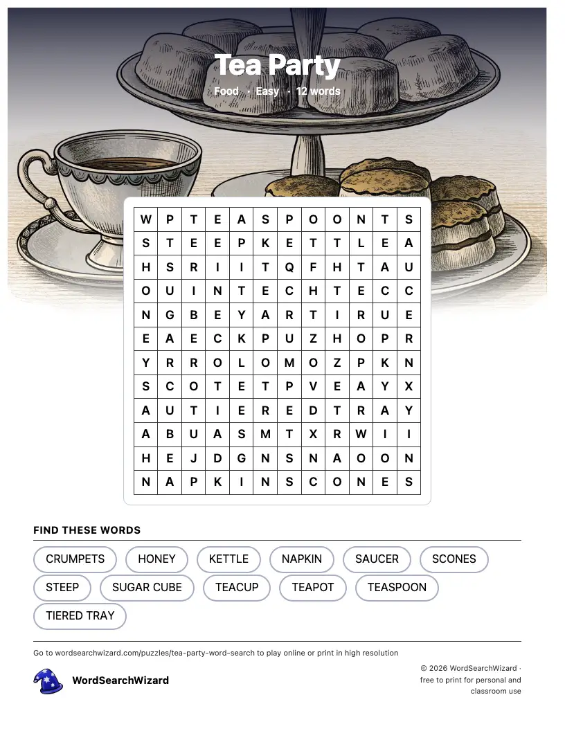 Tea Party word search printable sheet, 12 words to find