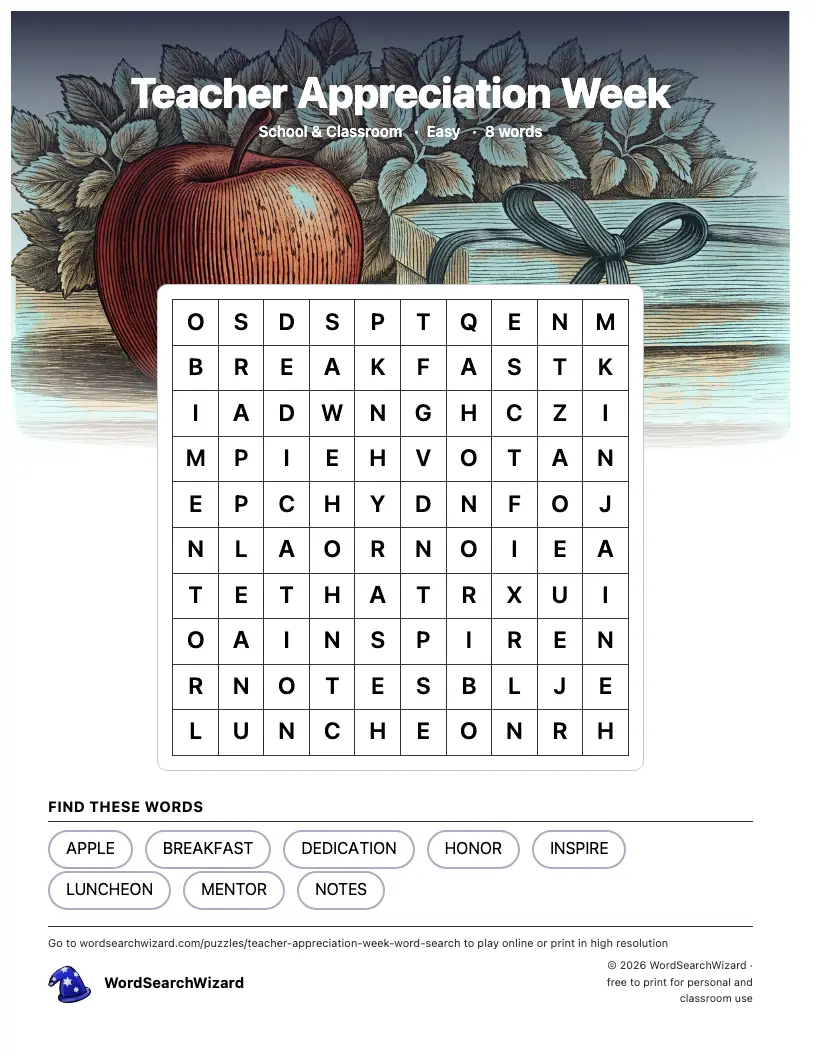 Teacher Appreciation Week word search printable sheet, 8 words to find