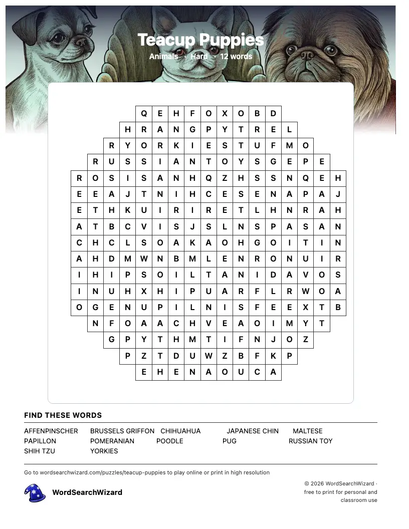 Teacup Puppies word search printable sheet, 12 words to find
