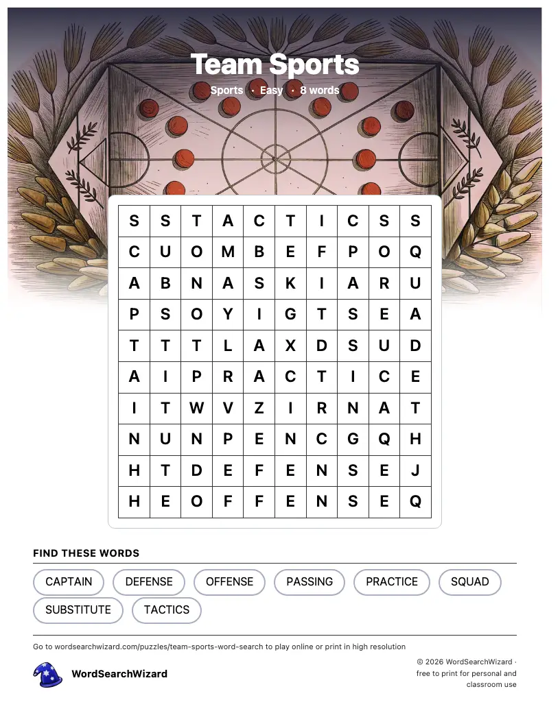 Team Sports word search printable sheet, 8 words to find