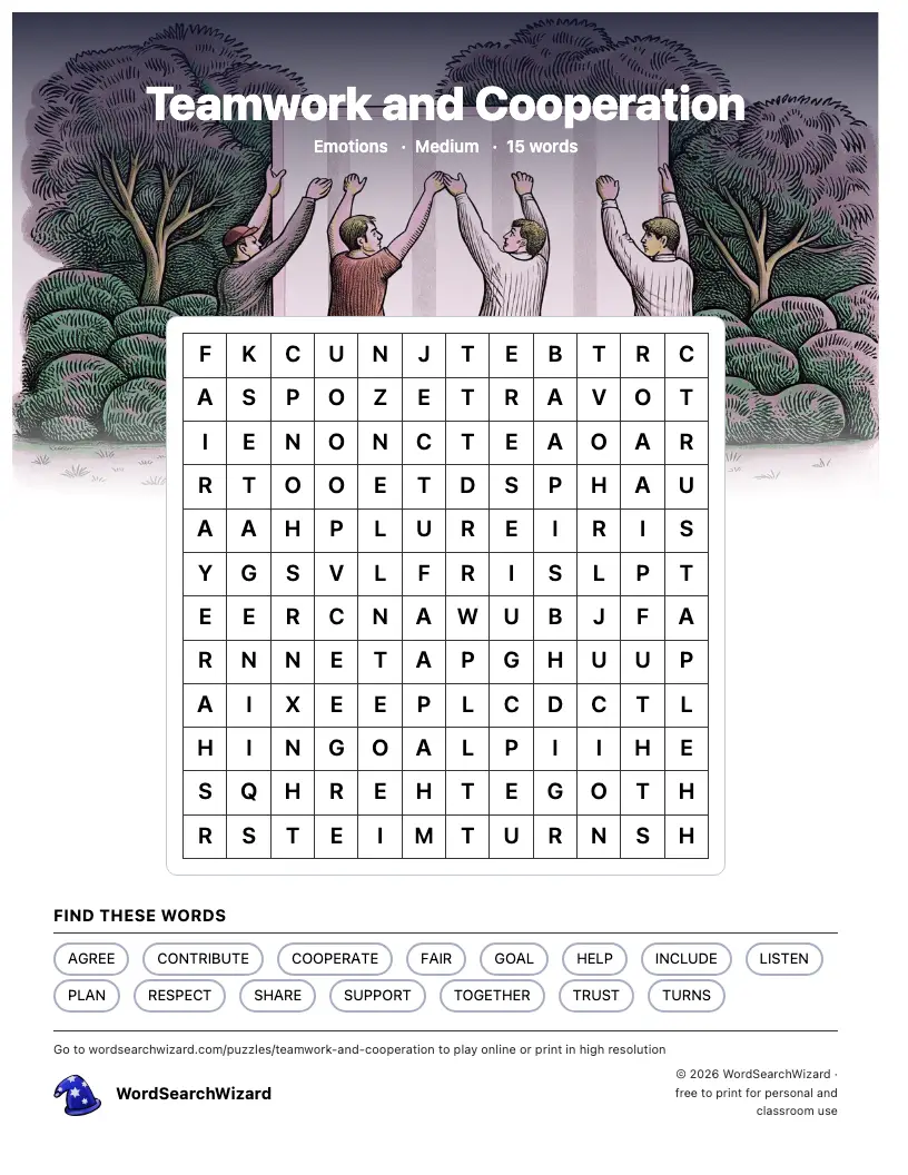 Teamwork and Cooperation word search printable sheet, 15 words to find