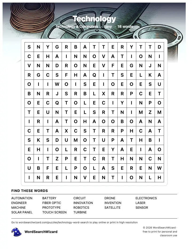 Technology word search printable sheet, 18 words to find