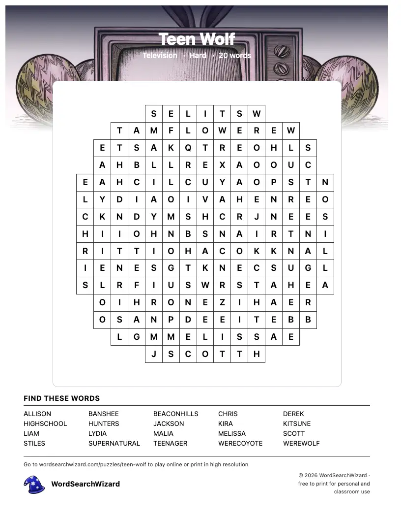 Teen Wolf word search printable sheet, 20 words to find