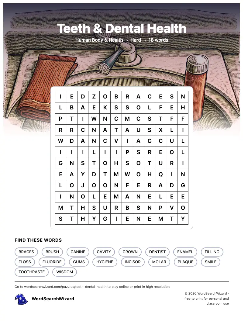 Teeth & Dental Health word search printable sheet, 18 words to find