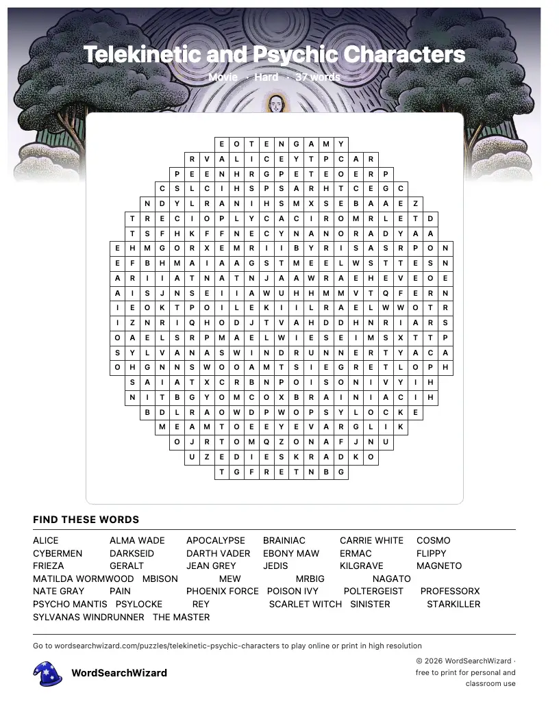 Telekinetic and Psychic Characters word search printable sheet, 37 words to find