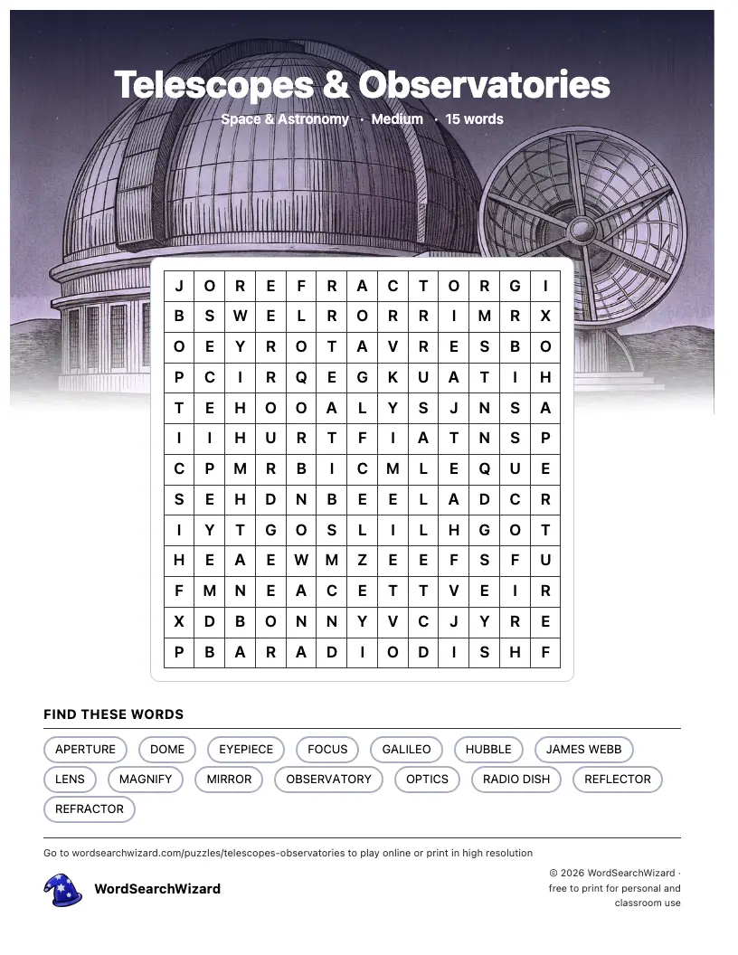 Telescopes & Observatories word search printable sheet, 15 words to find