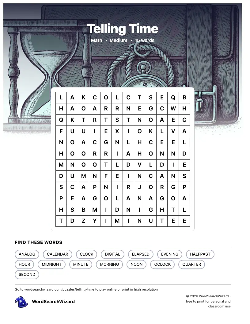 Telling Time word search printable sheet, 15 words to find