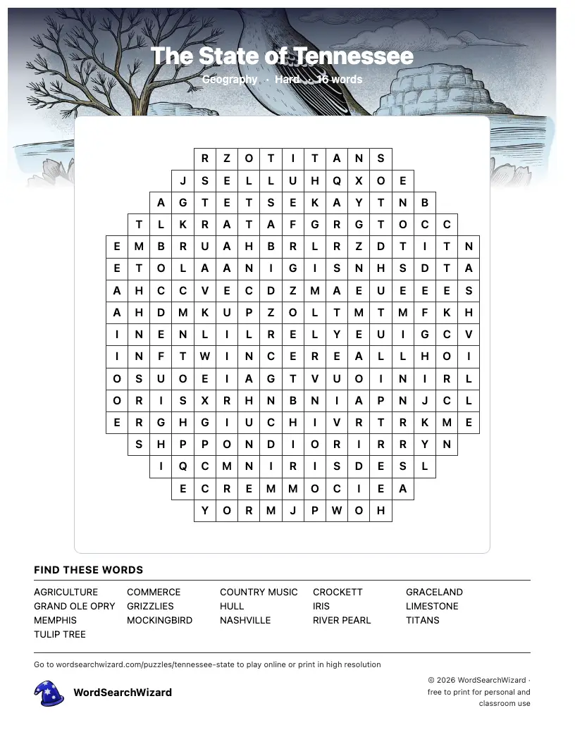 The State of Tennessee word search printable sheet, 16 words to find