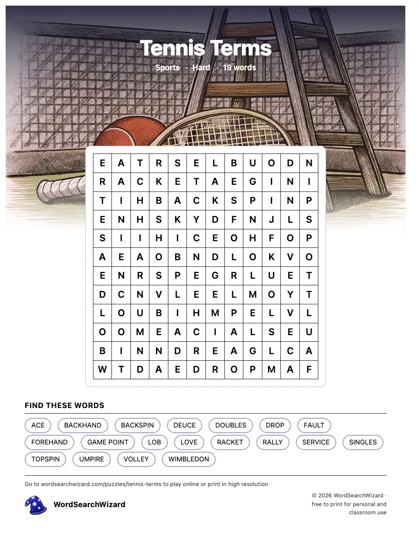 Tennis Terms word search printable sheet, 19 words to find