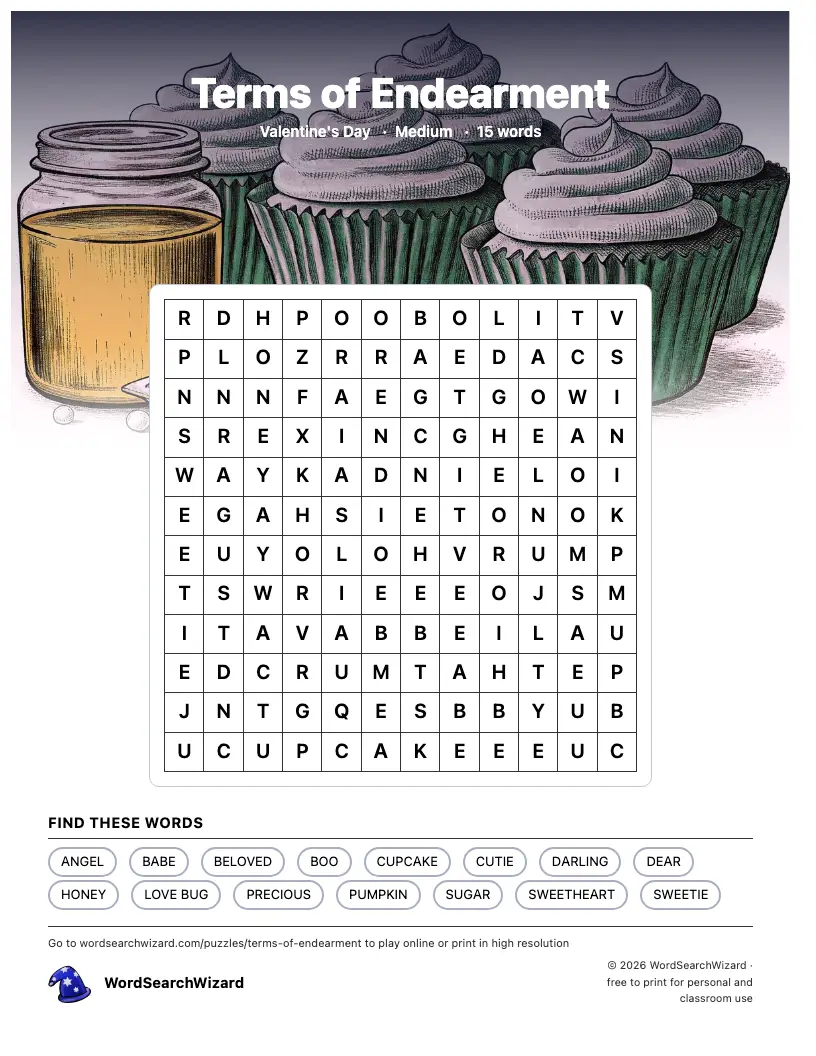 Terms of Endearment word search printable sheet, 15 words to find