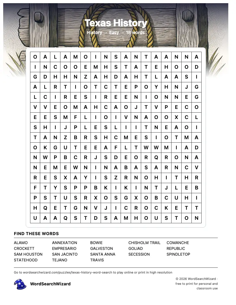 Texas History word search printable sheet, 18 words to find