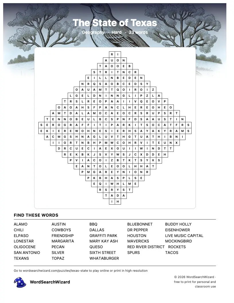 The State of Texas word search printable sheet, 33 words to find