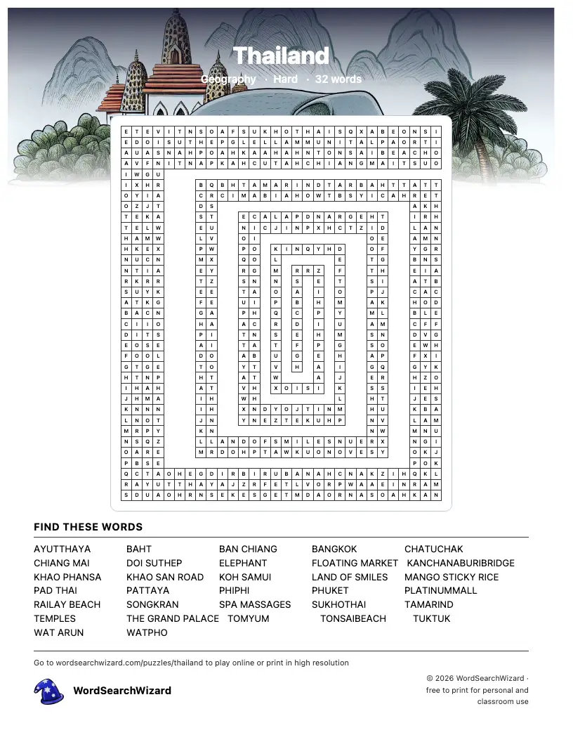 Thailand word search printable sheet, 32 words to find