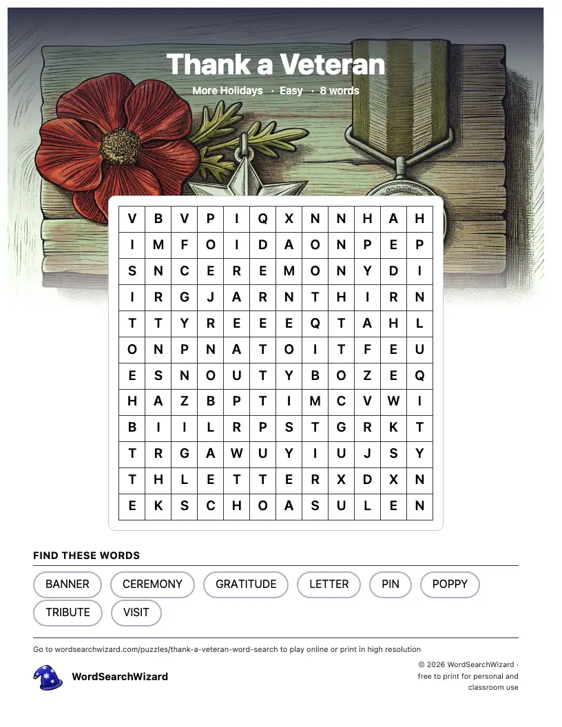 Thank a Veteran word search printable sheet, 8 words to find