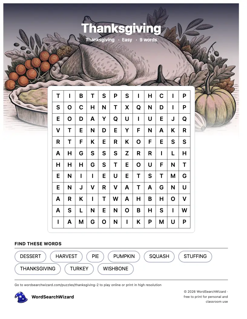 Thanksgiving word search printable sheet, 9 words to find