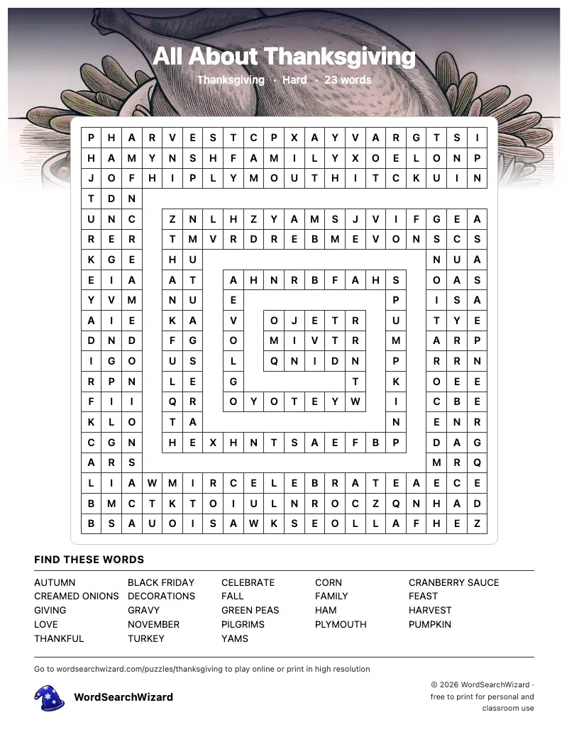 All About Thanksgiving word search printable sheet, 23 words to find