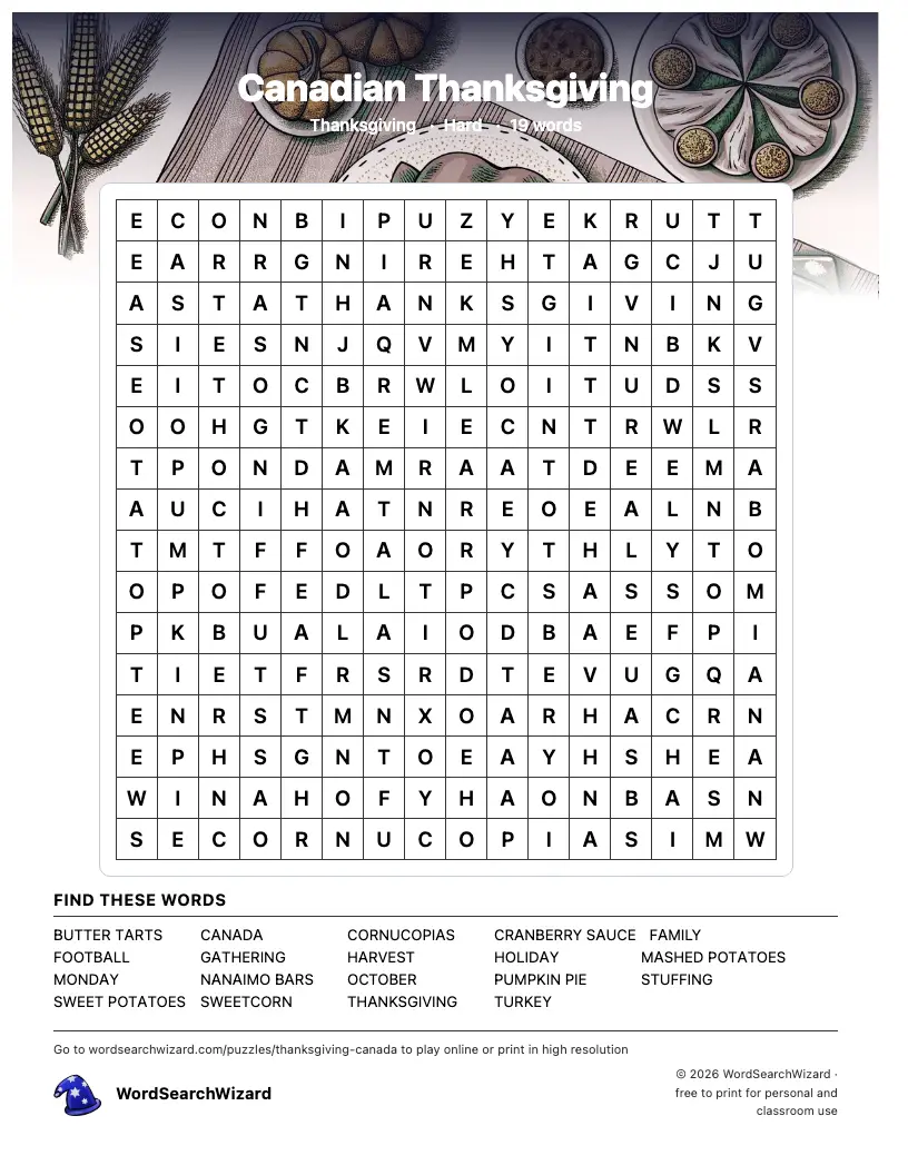 Canadian Thanksgiving word search printable sheet, 19 words to find