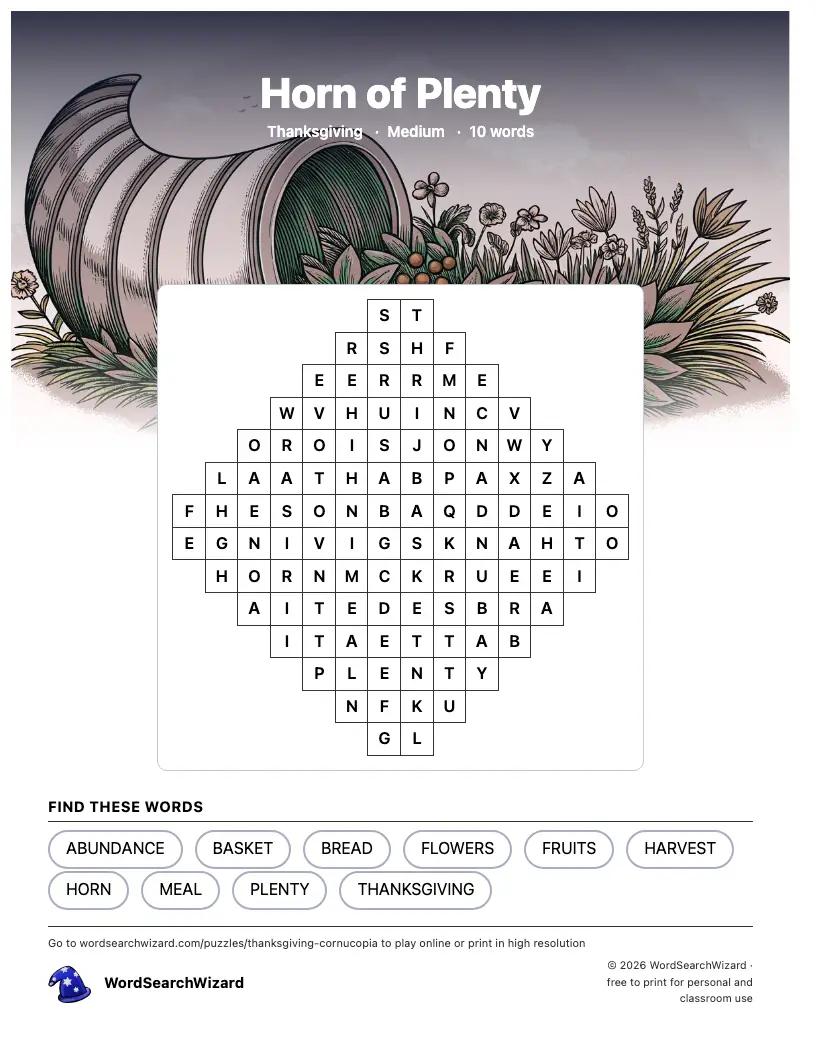 Horn of Plenty word search printable sheet, 10 words to find