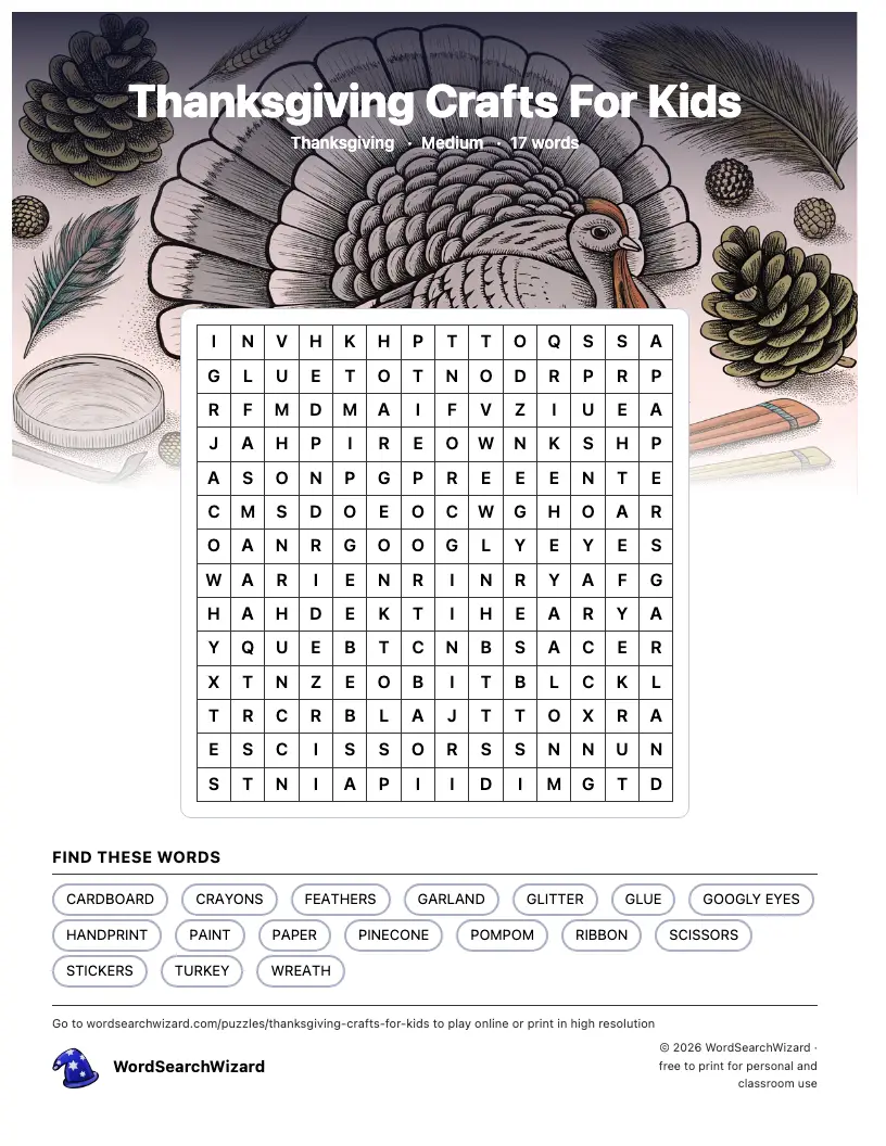 Thanksgiving Crafts For Kids word search printable sheet, 17 words to find