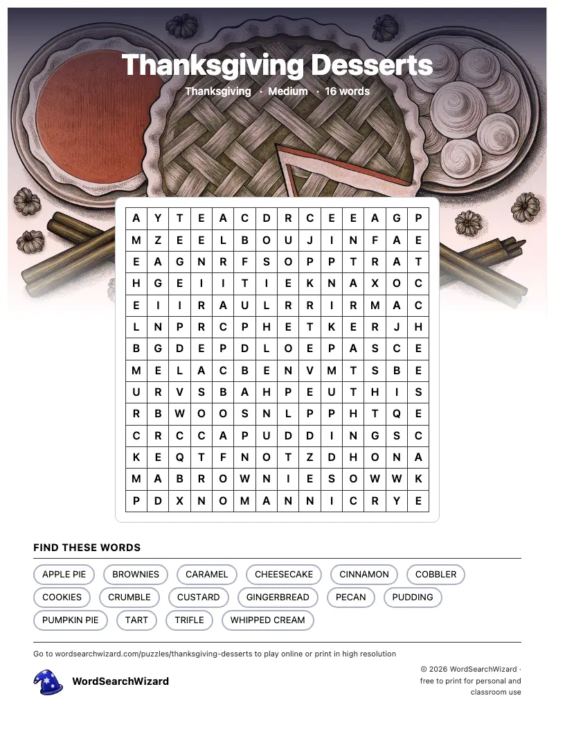 Thanksgiving Desserts word search printable sheet, 16 words to find