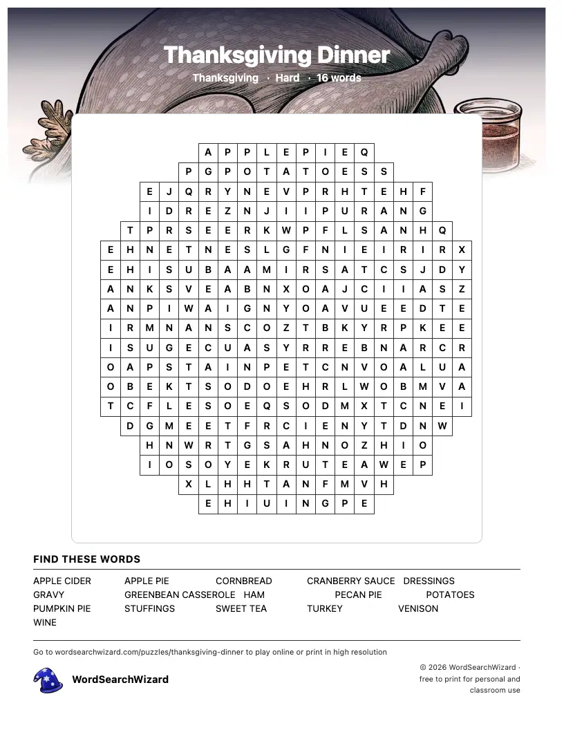 Thanksgiving Dinner word search printable sheet, 16 words to find