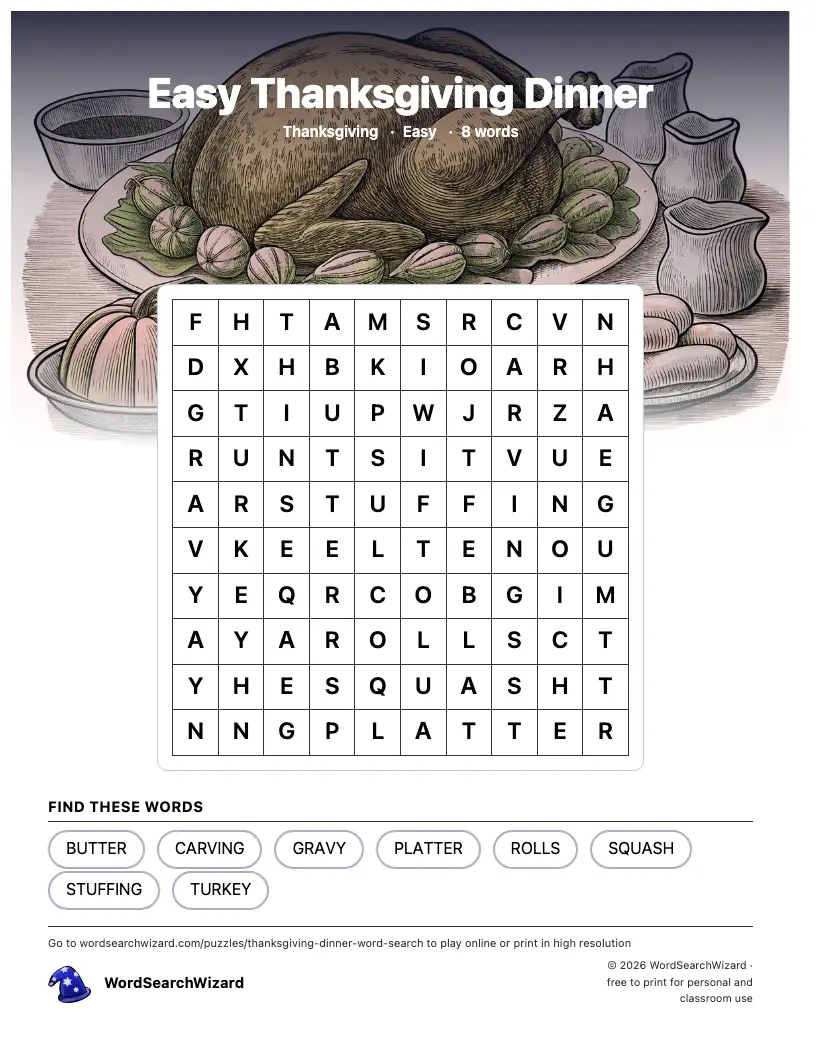 Easy Thanksgiving Dinner word search printable sheet, 8 words to find