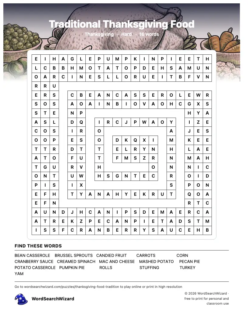 Traditional Thanksgiving Food word search printable sheet, 16 words to find