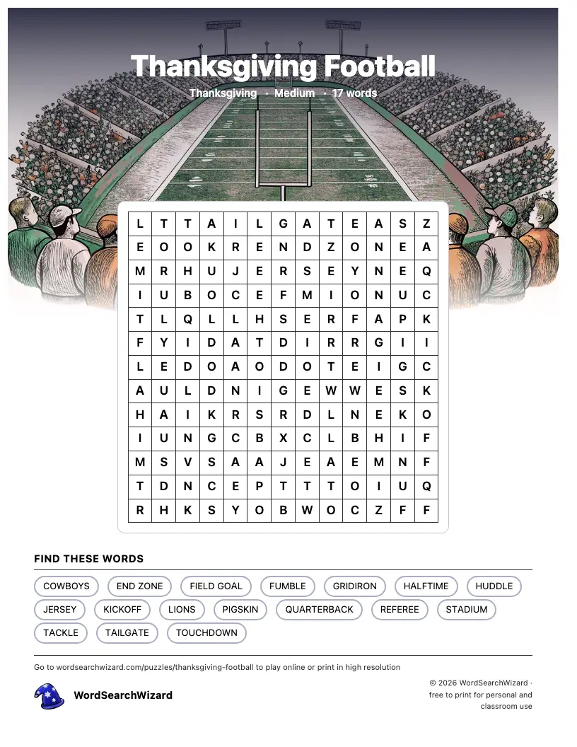 Thanksgiving Football word search printable sheet, 17 words to find