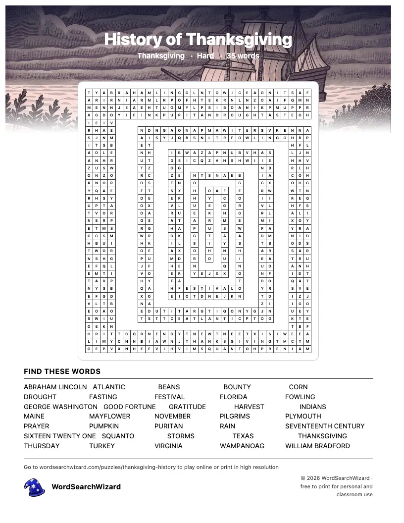 History of Thanksgiving word search printable sheet, 35 words to find