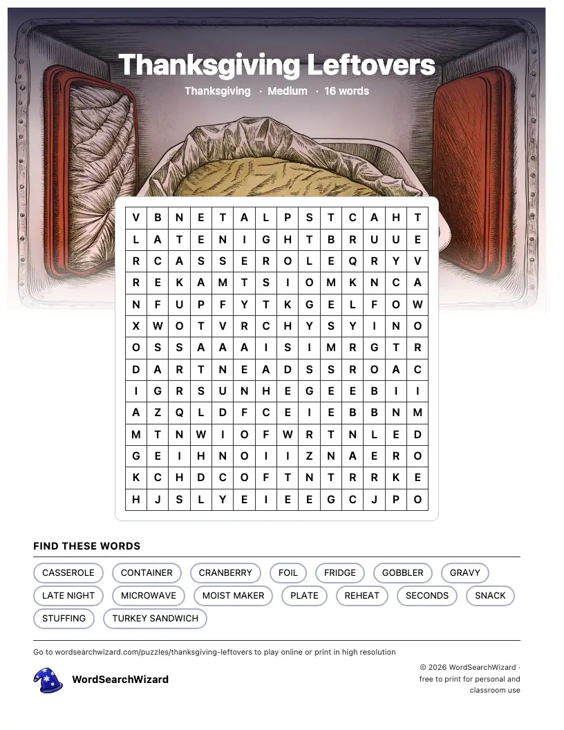 Thanksgiving Leftovers word search printable sheet, 16 words to find