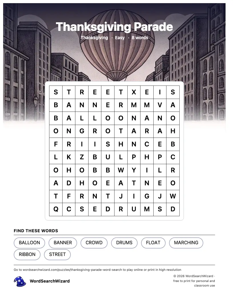 Thanksgiving Parade word search printable sheet, 8 words to find