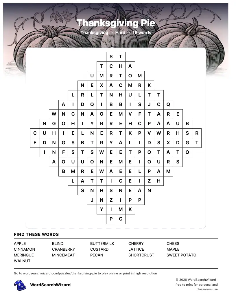 Thanksgiving Pie word search printable sheet, 16 words to find