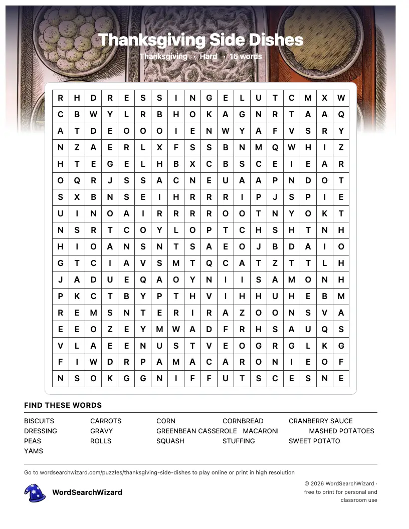 Thanksgiving Side Dishes word search printable sheet, 16 words to find